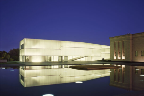 Channel glass at night at the Nelson-Atkins Museum of Art