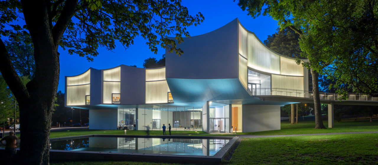 Bendheim helical channel glass curves by Steven Holl at night