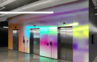 Pluralsight dichroic glass lobby with soft-etched finish