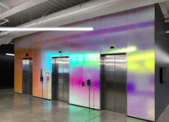Pluralsight dichroic glass lobby with soft-etched finish