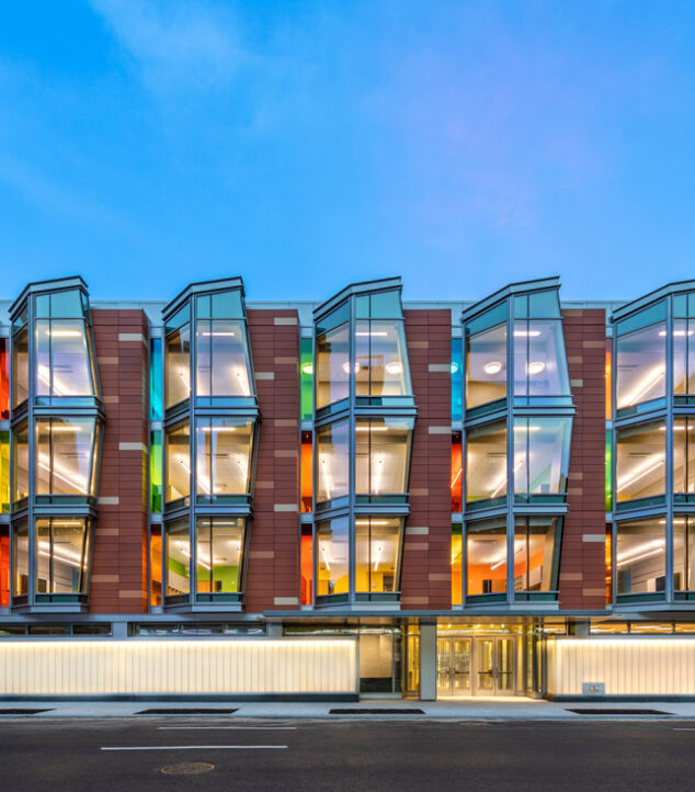 Cooke School & Institute at night | Bendheim channel glass