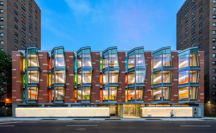 Cooke School & Institute at night | Bendheim channel glass
