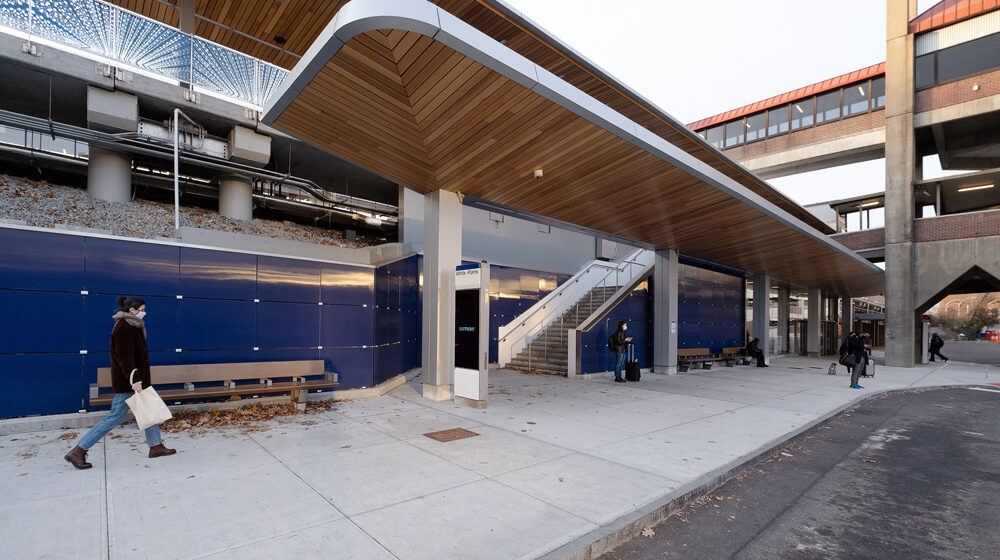 Bendheim glass rainscreen system installed at the MTA White Plains Train Station.