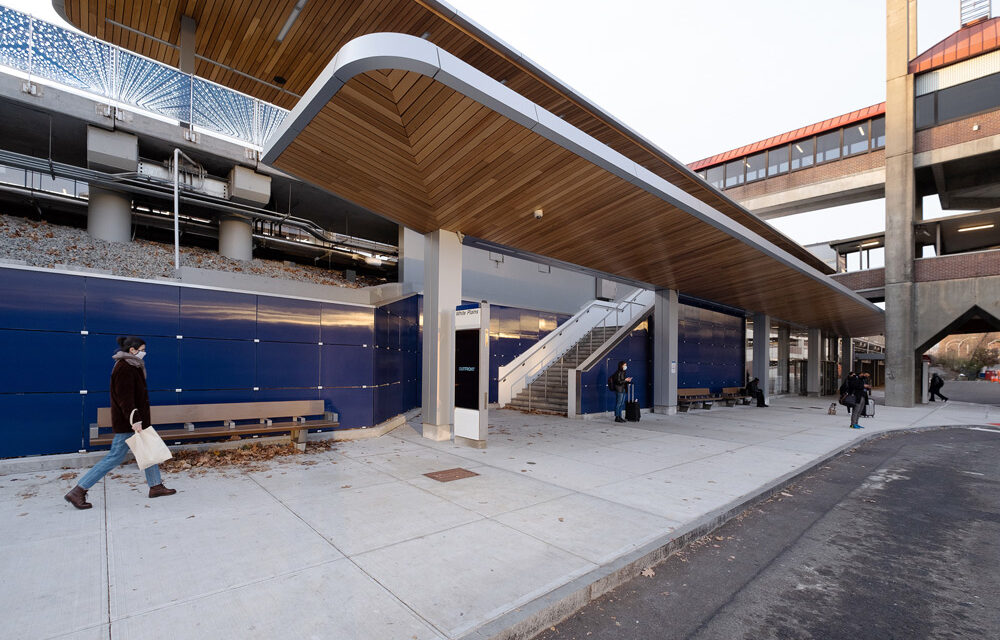 Bendheim glass rainscreen system installed at the MTA White Plains Train Station.