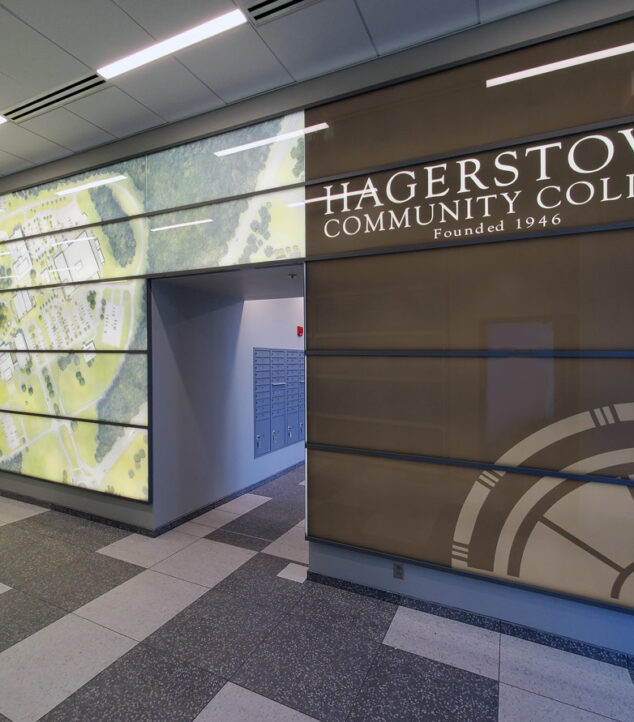 TurnKey backlit glass wall system by Bendheim cladding the lobby walls.