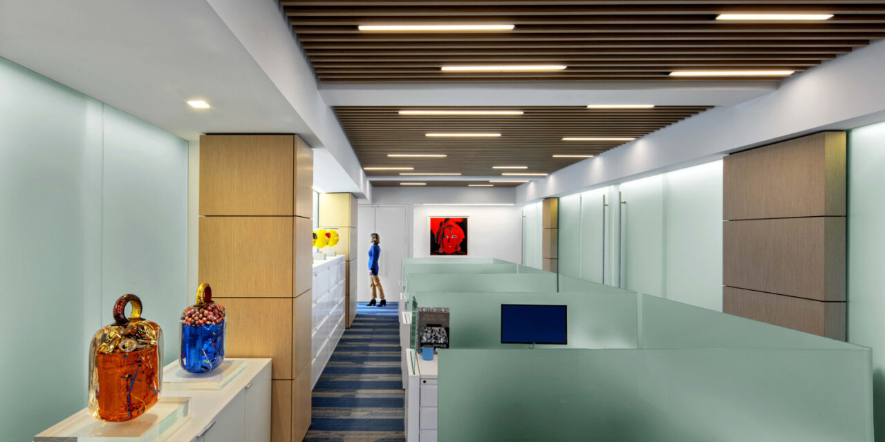 Bendheim etched glass installed as cubicle partitions.