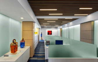 Bendheim etched glass installed as cubicle partitions.