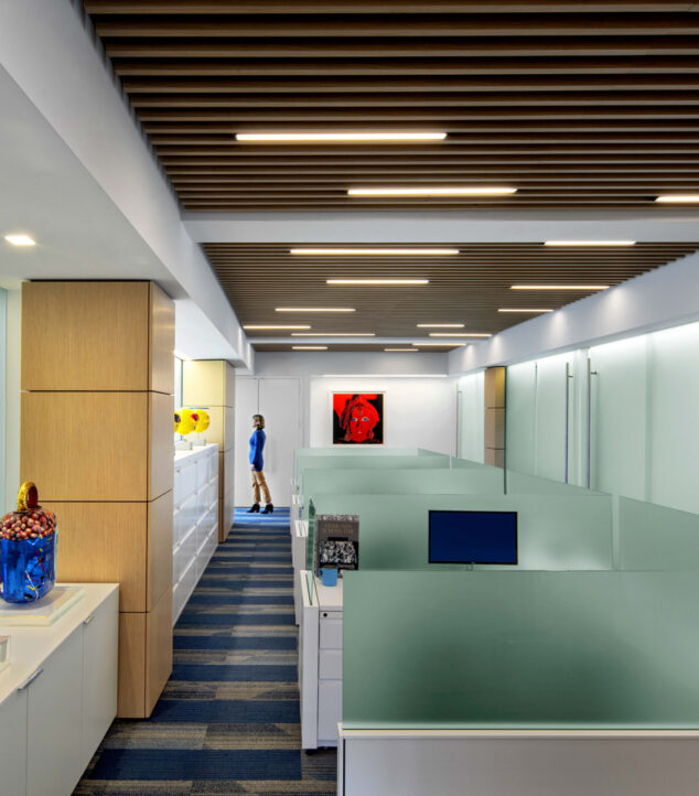 Bendheim etched glass installed as cubicle partitions.