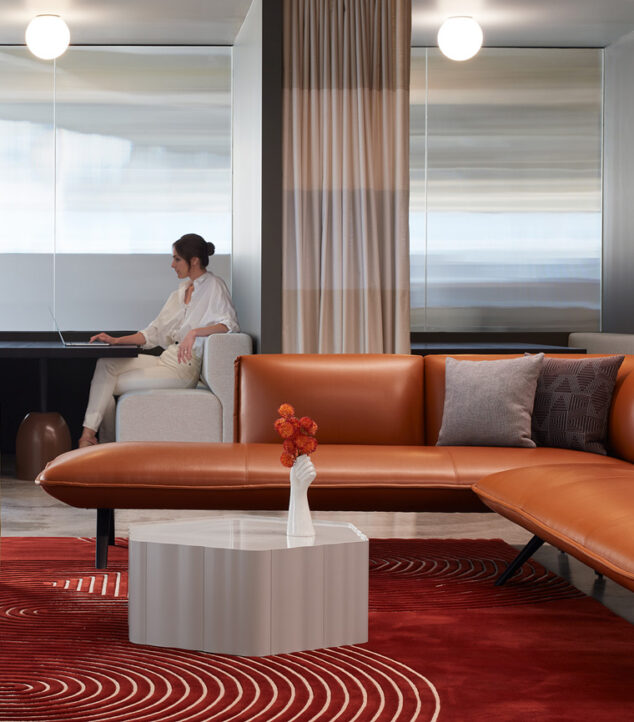 Woman sitting in front of Houdini privacy glass wall