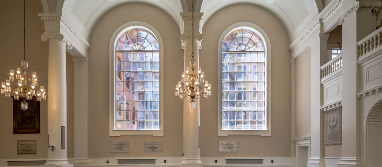 Windows of the All Souls NYC Unitarian Church comprising of Bendheim's Lambert's mouth-blown glass