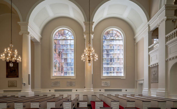 Windows of the All Souls NYC Unitarian Church comprising of Bendheim's Lambert's mouth-blown glass