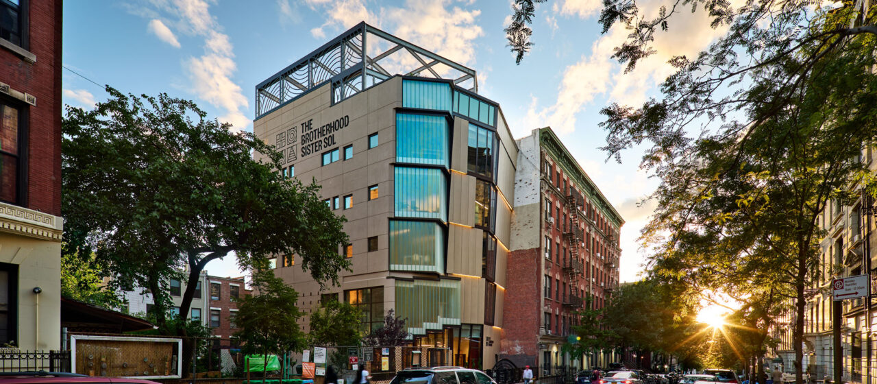 Exterior shot of Brother Sister Sol with Bendheim channel glass