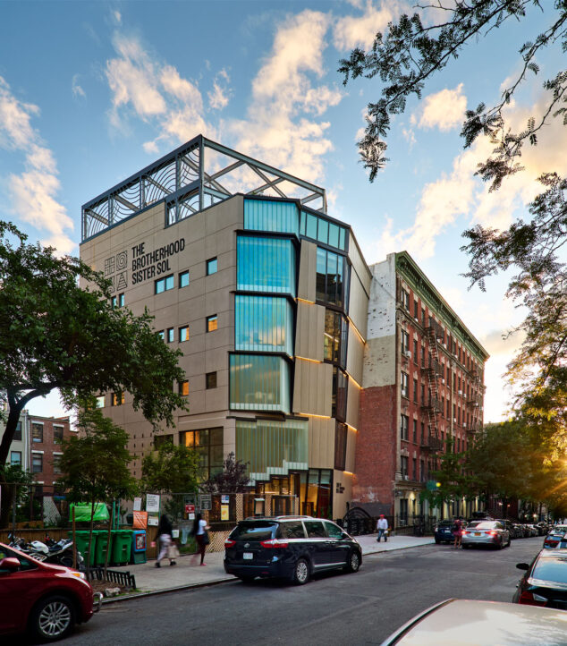 Exterior shot of Brother Sister Sol with Bendheim channel glass