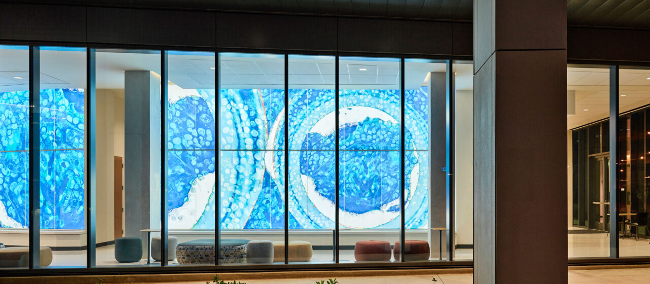 Bendheim TurnKey Fusion glass cladding system in a lobby, seen from outside.