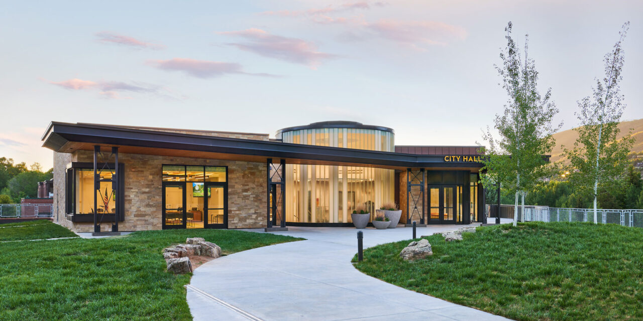 Back entrance of the building with channel glass