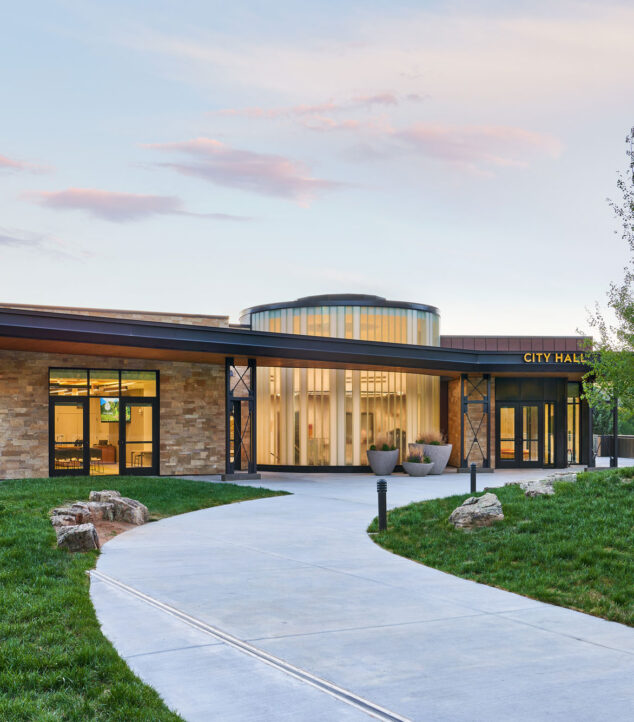 Back entrance of the building with channel glass