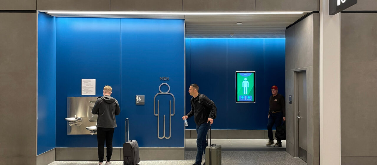 Bathroom entrance at KCI Airport with Bendheim glass.