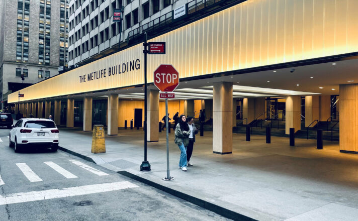 Channel glass podium above the ground floor of the building.