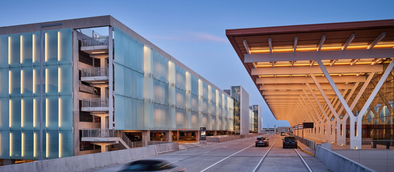 Ventilated glass facade by Bendheim on the exterior of the Kansas City International Airport parking structure.