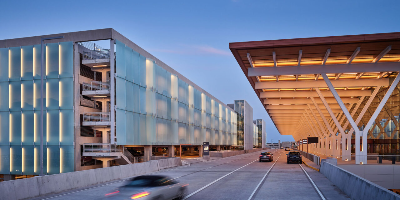 Ventilated glass facade by Bendheim on the exterior of the Kansas City International Airport parking structure.