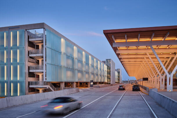 Ventilated glass facade by Bendheim on the exterior of the Kansas City International Airport parking structure.