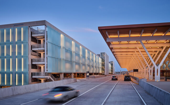 Ventilated glass facade by Bendheim on the exterior of the Kansas City International Airport parking structure.