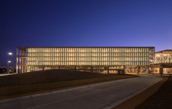 Ventilated glass facade by Bendheim on the exterior of the Kansas City International Airport parking structure.