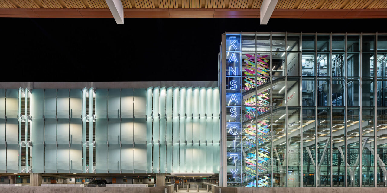 Ventilated glass facade by Bendheim on the exterior of the Kansas City International Airport parking structure.