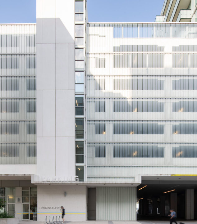 Parking structure with channel glass.