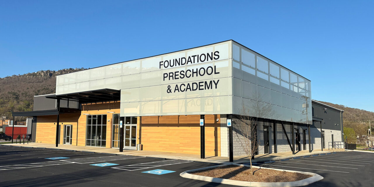Decorative glass rainscreen on pre-school exterior.
