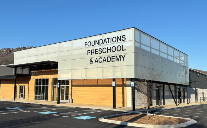 Decorative glass rainscreen on pre-school exterior.