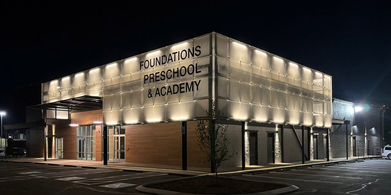 Decorative glass rainscreen on pre-school exterior.