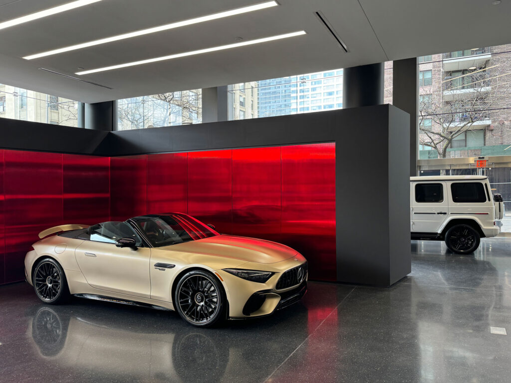 Red textured mirror installed as car backdrops.