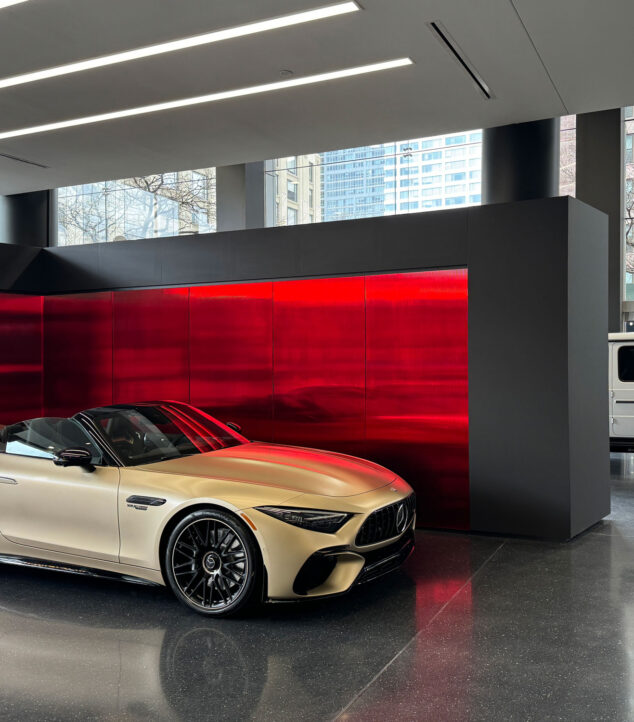 Red textured mirror installed as car backdrops.