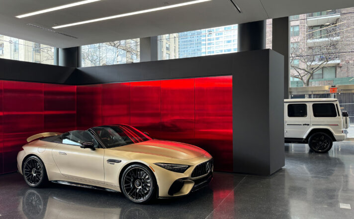 Red textured mirror installed as car backdrops.