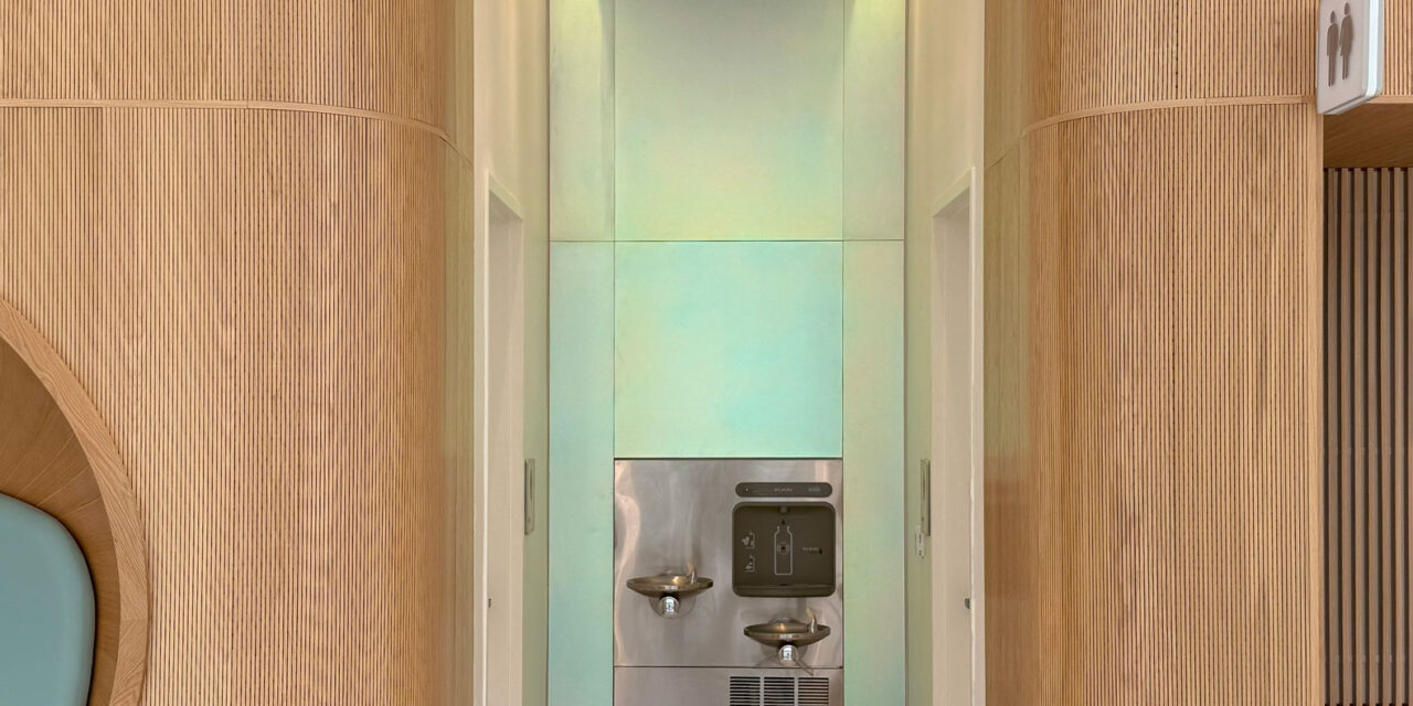 Etched dichroic glass clads the walls around the water fountains.