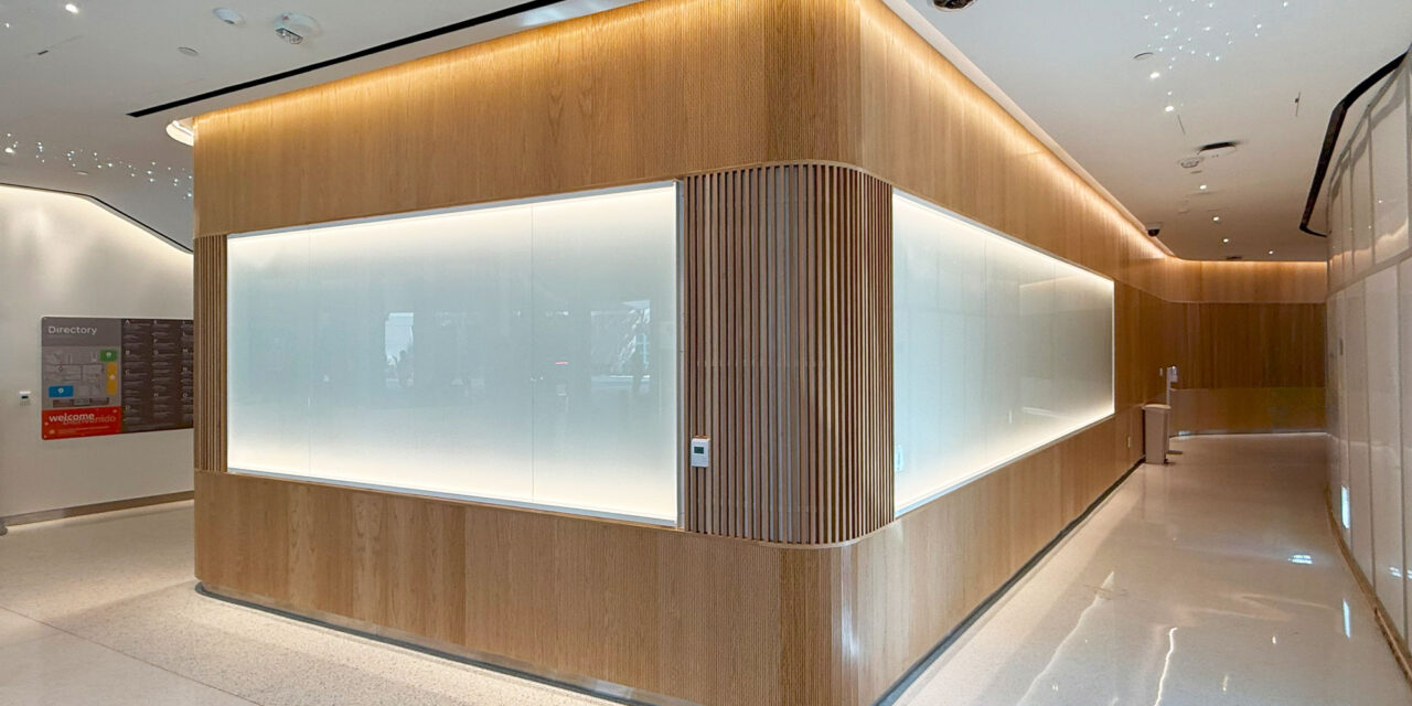 White back-painted glass in Bendheim's TurnKey glass wall cladding system.