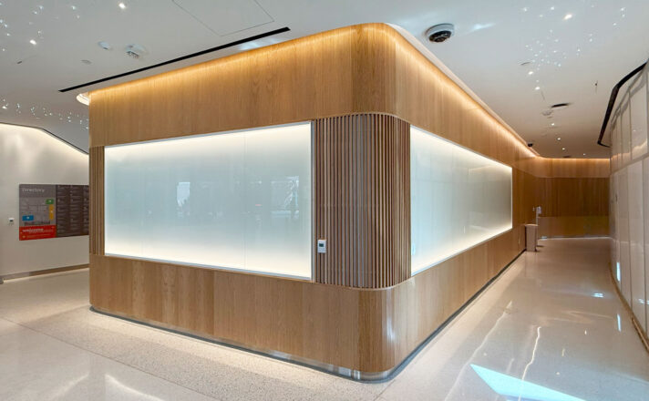 White back-painted glass in Bendheim's TurnKey glass wall cladding system.