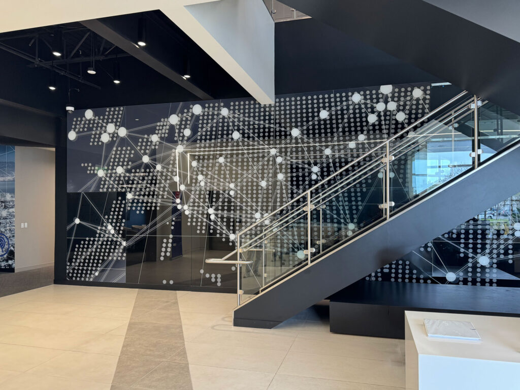 Digitally printed glass wall in the lobby of NXP's headquarters.