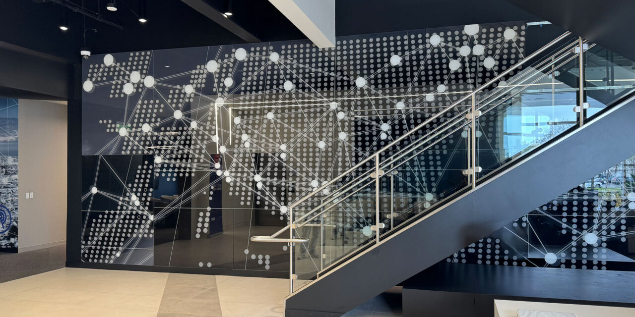 Digitally printed glass wall in the lobby of NXP's headquarters.