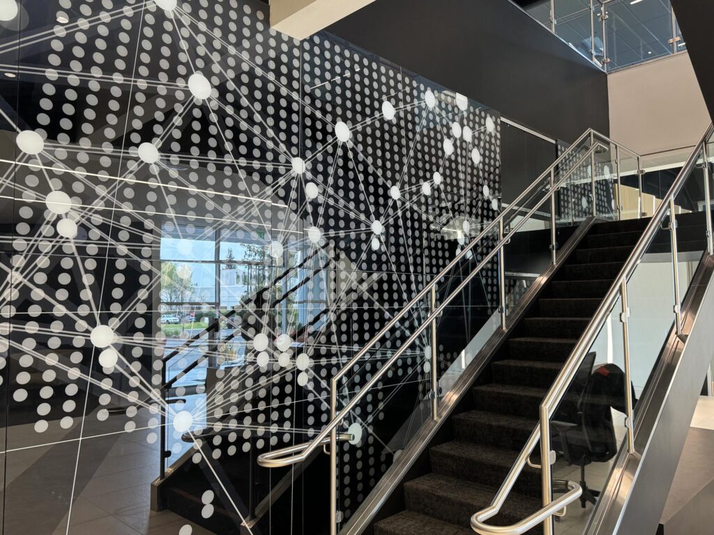 Digitally printed glass wall in the lobby of NXP's headquarters.