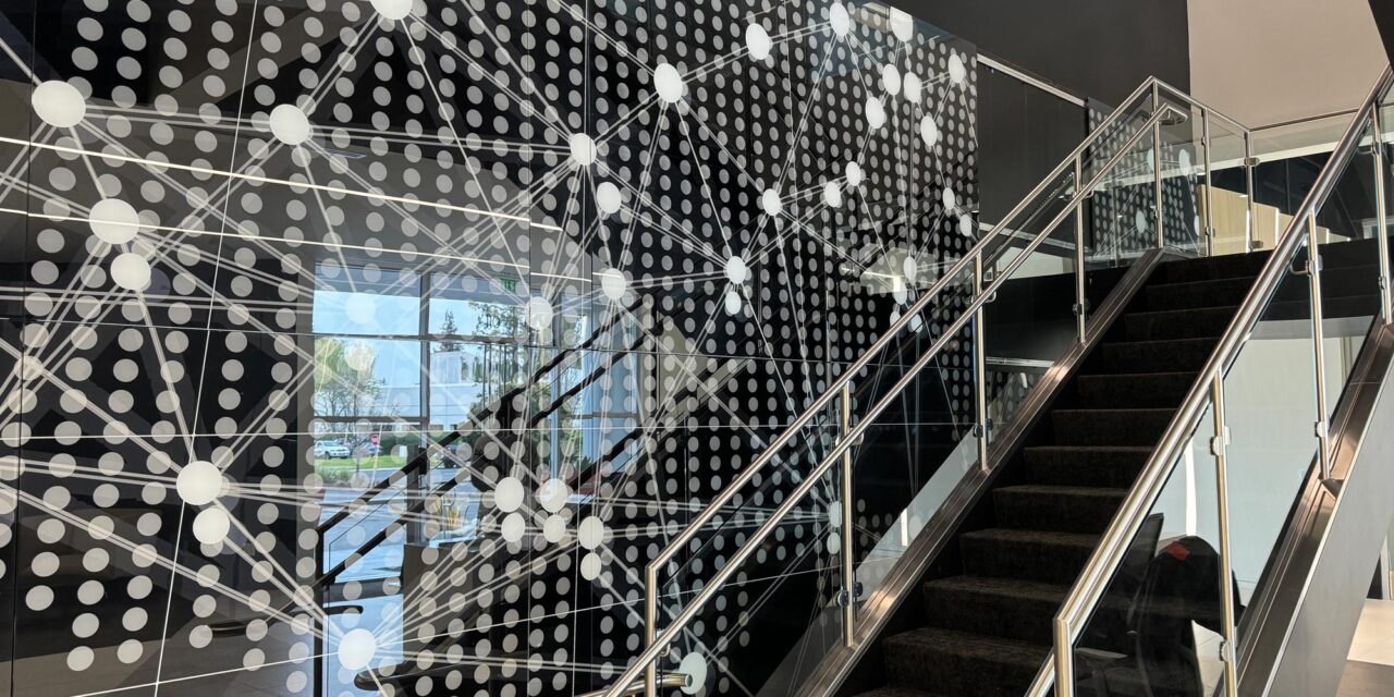 Digitally printed glass wall in the lobby of NXP's headquarters.