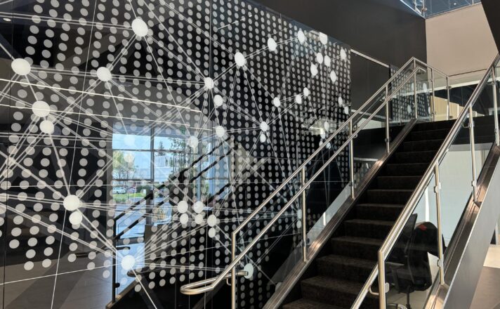 Digitally printed glass wall in the lobby of NXP's headquarters.
