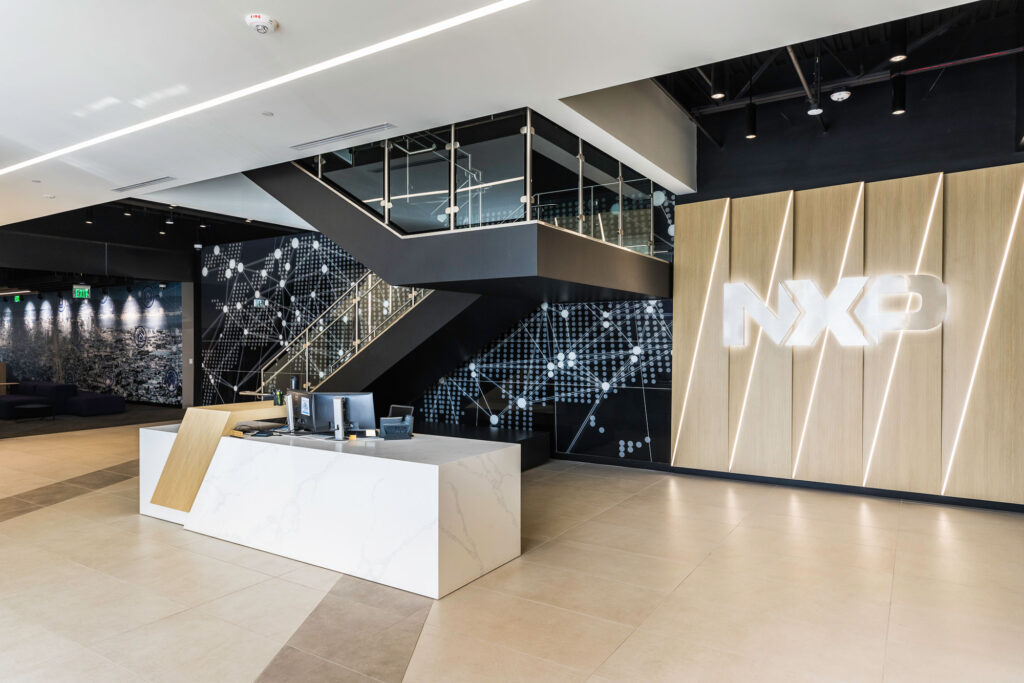 Digitally printed glass wall in the lobby of NXP's headquarters.