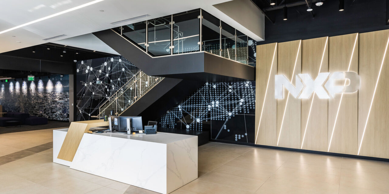 Digitally printed glass wall in the lobby of NXP's headquarters.