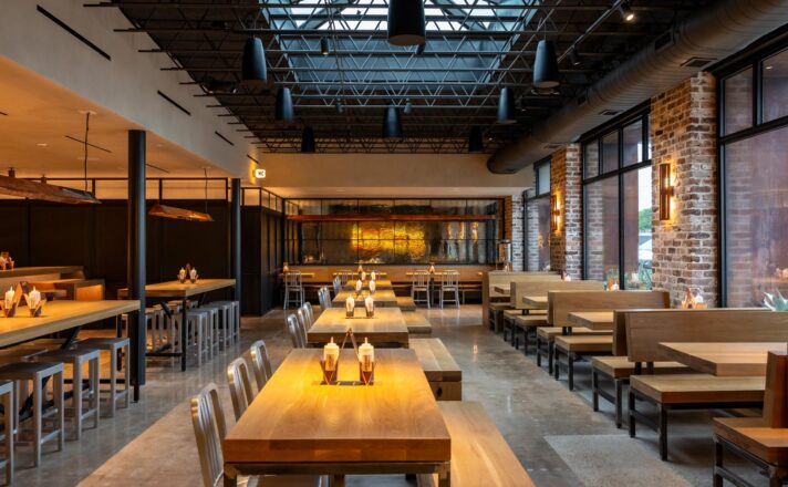 Textured mirrored glass wall in a restaurant.