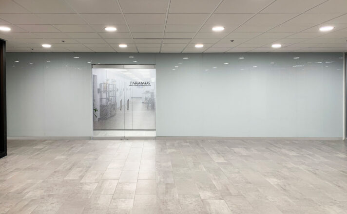 Glass walls at in the lobby of Bendheim's headquarters.