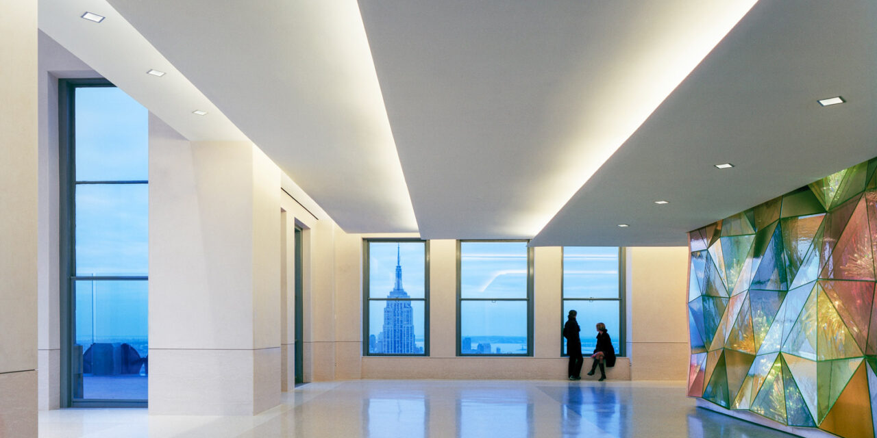Mouth-blown glass wall at the Top of the Rock.