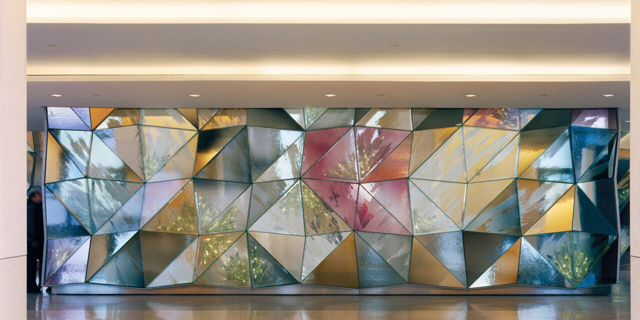 Mouth-blown glass wall at the Top of the Rock.