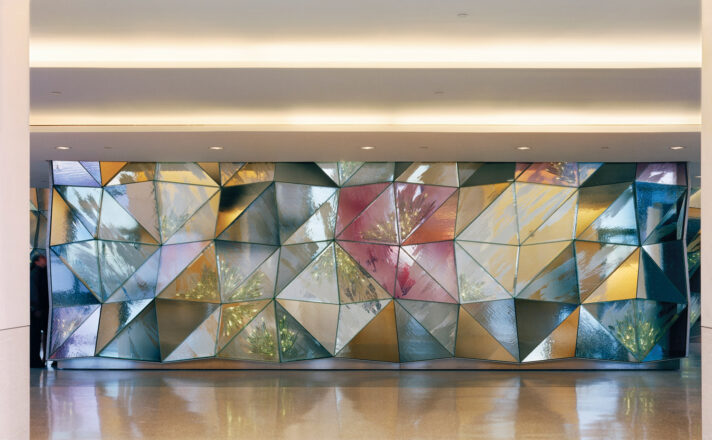 Mouth-blown glass wall at the Top of the Rock.